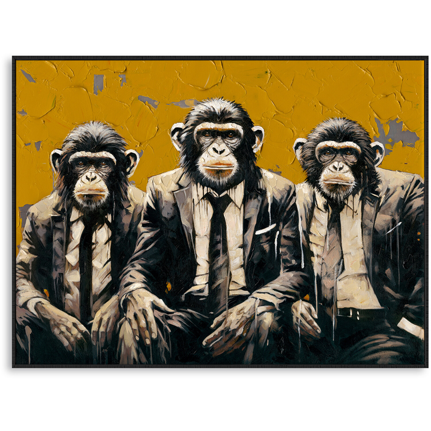 Trio of Monkeys Textured Framed Canvas Yellow Image 1