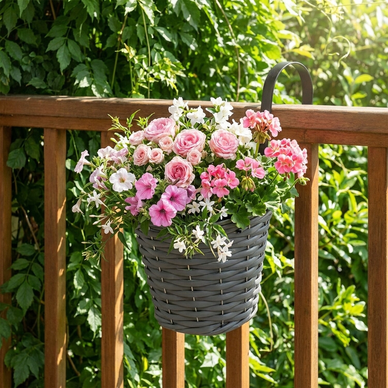 Faux Rattan Hanging Fence Pot Grey Image 2