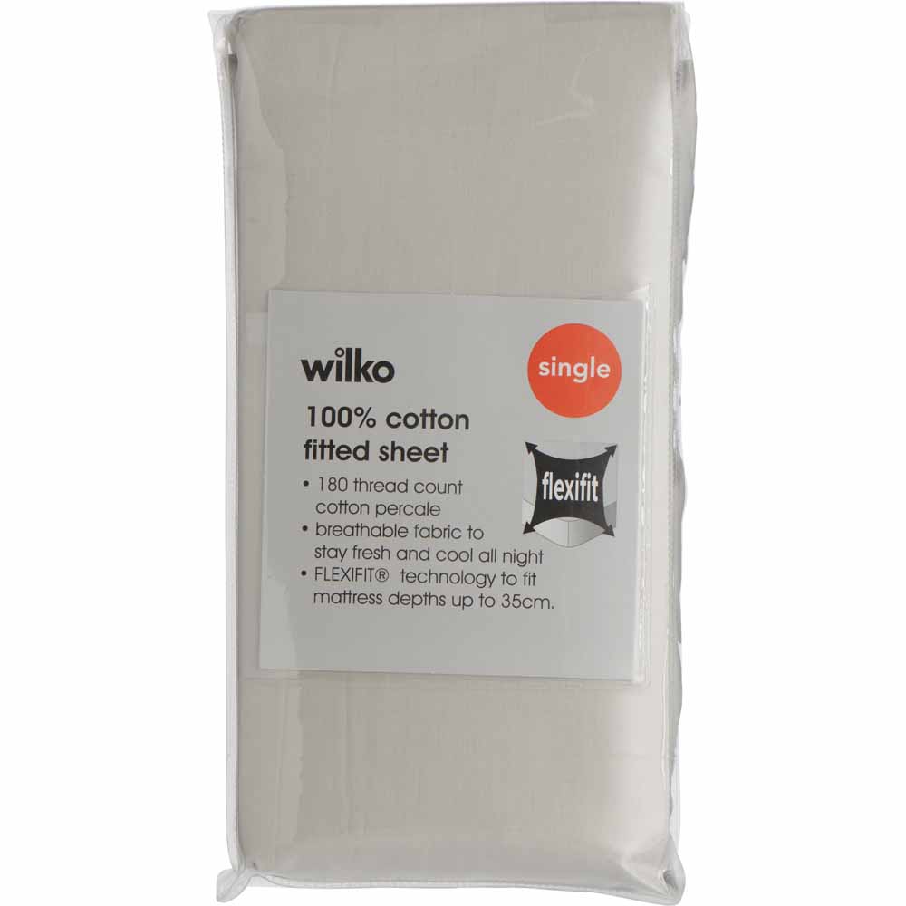 Wilko 100% Cotton Silver Single Fitted Sheet Image 3