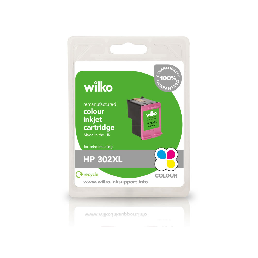 Wilko Remanufactured HP 302XL Colour Inkjet Cartridge Enjoy high quality prints with the wilko Remanufactured HP 302XL Colour Inkjet Cartridge Pack. The pack contains 1 x colour extra-large capacity cartridge which is compatible with Hewlett Packard 302.Here's the full list of printers that this cartridge will work with: Deskjet 1110, 2130, 2132, 2133, 2134, 3630, 3632, 3633, 3634, 3636, 3637, 3638, Envy 4513, 4520, 4521, 4522, 4523, 4524, 4525, 4526, 4527, 4528, Officejet 3830, 3831, 3832, 3833, 3834, 3835, 4650, 4651, 4652, 4654, 4655, 4656, 4657, 4658. Before purchasing, check that this cartridge is compatible with your printer. Don?t forget to recycle your old inkjet cartridge! When you order a new wilko cartridge, we?ll send you a freepost envelope ? pop in your old cartridge and send it off to The Recycling Factory. They?ll make a donation of £1 to wilko?s local charities for every inkjet cartridge successfully recycled. Please see www.therecyclingfactory.com for a full list of recyclable items. If you need any support when installing your cartridge, we're here to help. Call our dedicated free phone helpline on 0800 091 0083, lines open Monday - Friday 9am-5pm. You can also visit the wilko Ink Support website www.wilko.inksupport.info for more information.