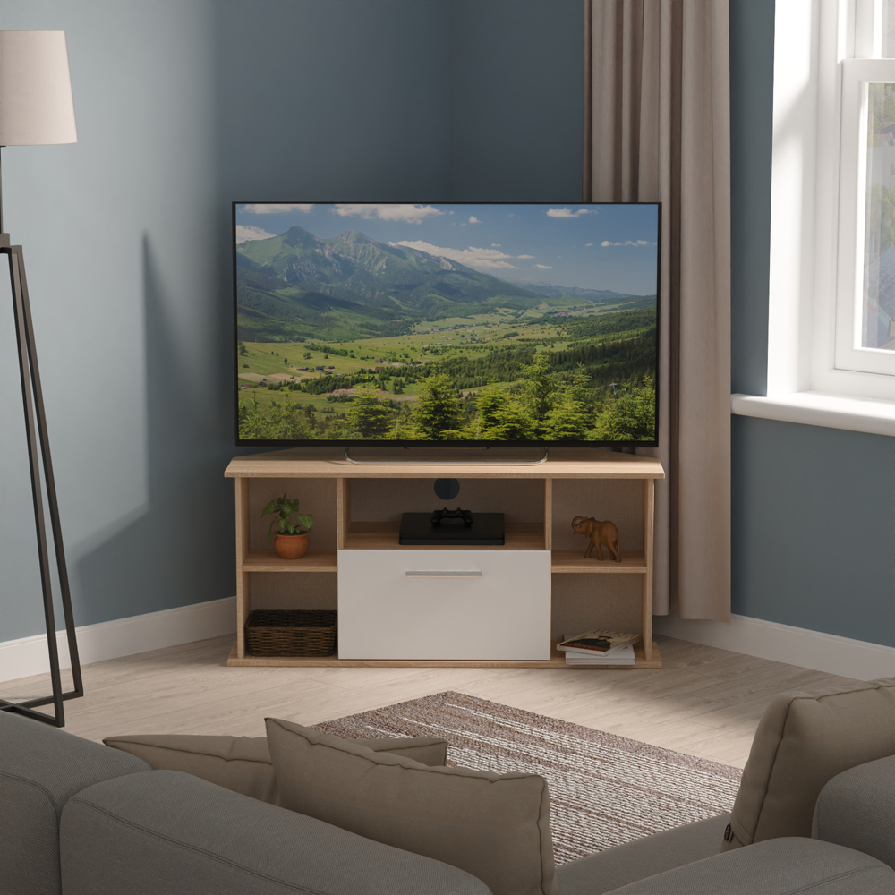 Crowndale Contrast Single Drawer White Matt and Bardolino Oak Corner TV Unit Ready Assembled Image 3