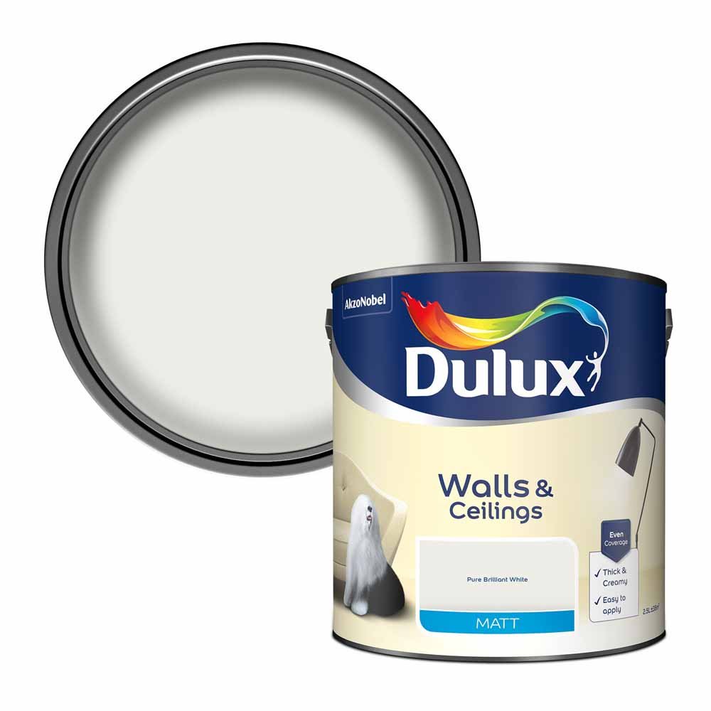 Dulux Walls & Ceilings Pure Brilliant White Matt Emulsion Paint 2.5L Image 1