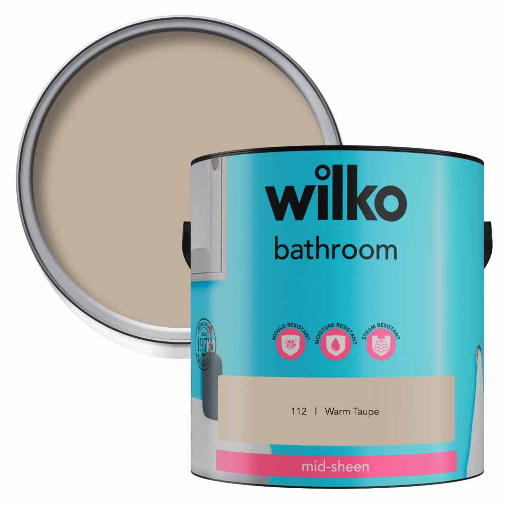 Wilko Bathroom Warm Taupe Mid Sheen Emulsion Paint 2.5L Image 1