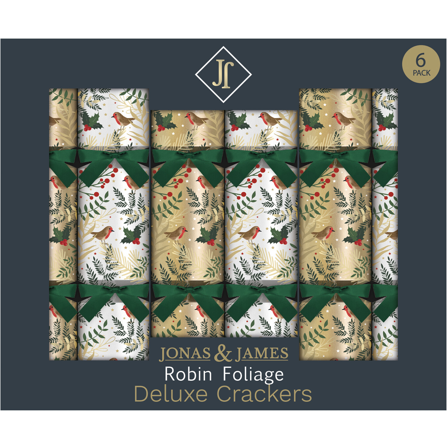 Jonas & James Pack of 6 Deluxe Crackers Robin Foliage Image