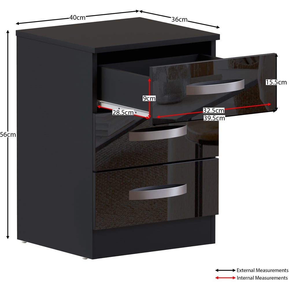 Vida Designs Hulio 3 Drawer Black Bedside Table Image 9