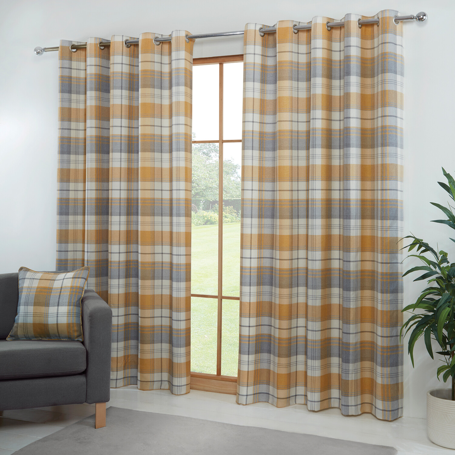Divante Hamilton Ochre Check Eyelet Curtains 229cm Image 1