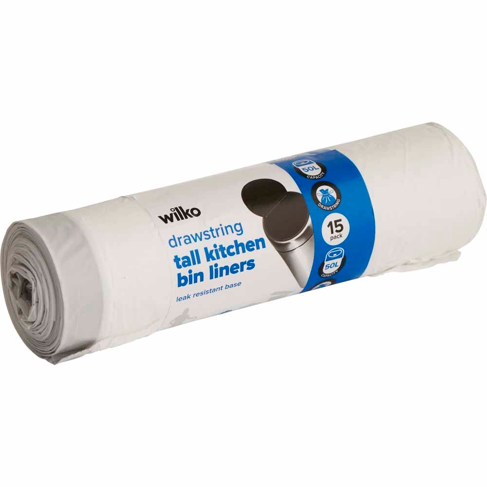 Wilko Kitchen Drawstring Bin Liners White 50L 15 Pack Image