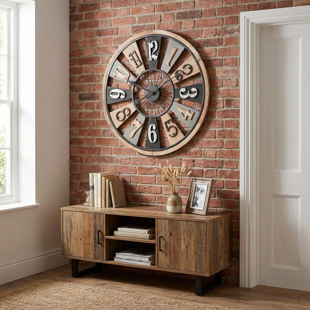 Rustic Wooden Numerical Round Wall Clock 60cm Image 3