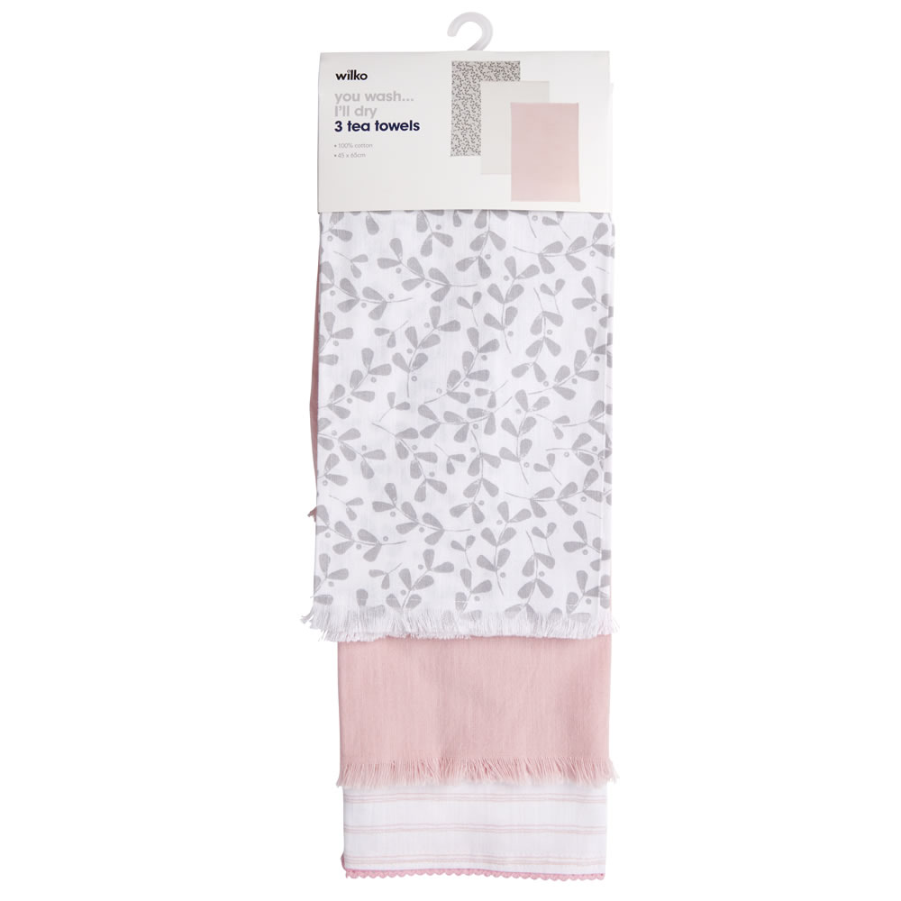 Wilko Grey Floral Tea Towels 3 pack Image 1