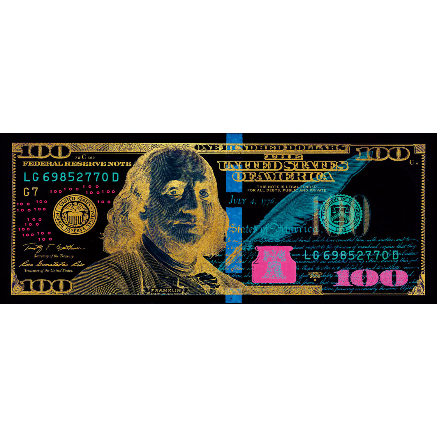 Black 100 Dollar Bill Tempered Glass Wall Art 102 x 40cm Image