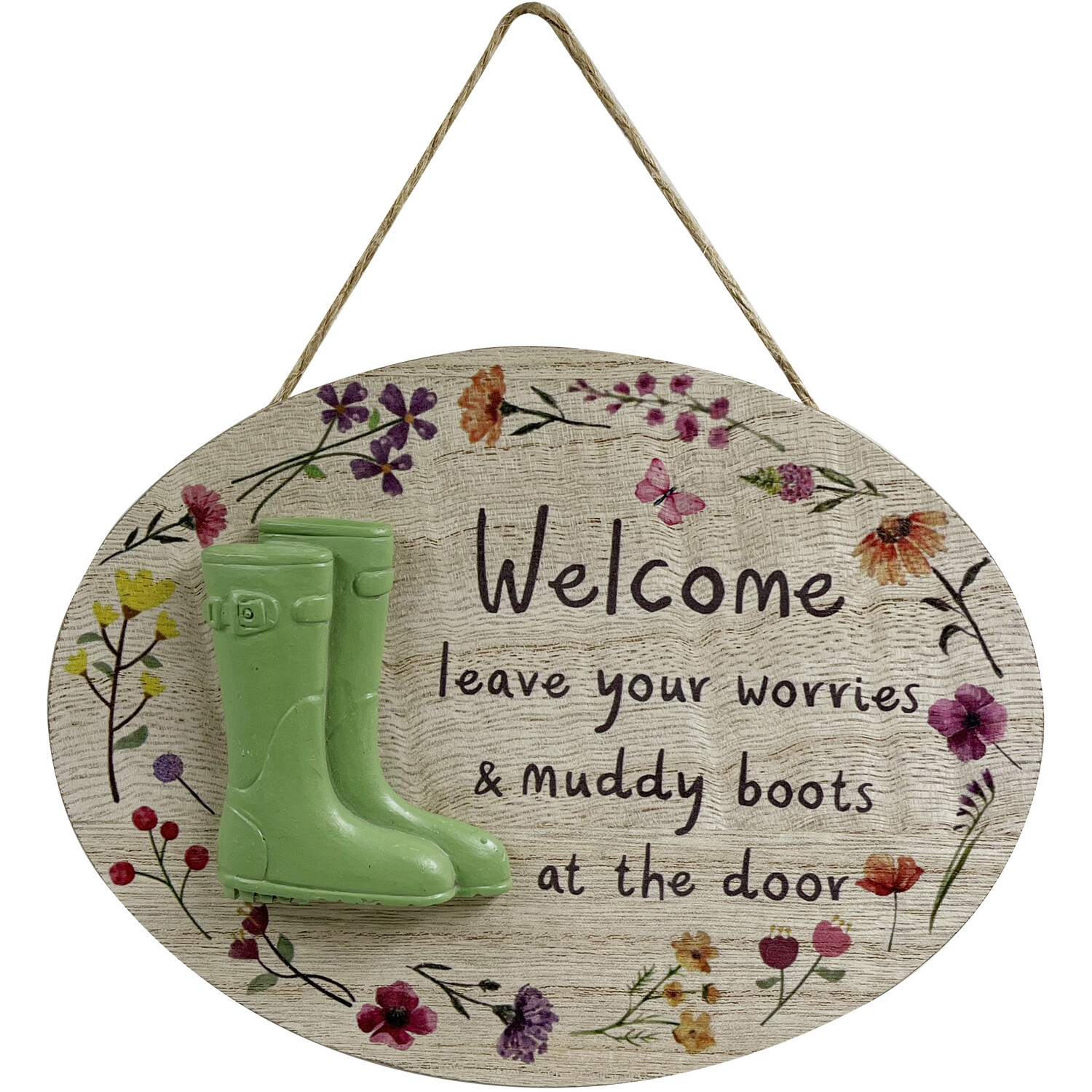 Welcome Muddy Boots Hanging Plaque - Natural Image 1