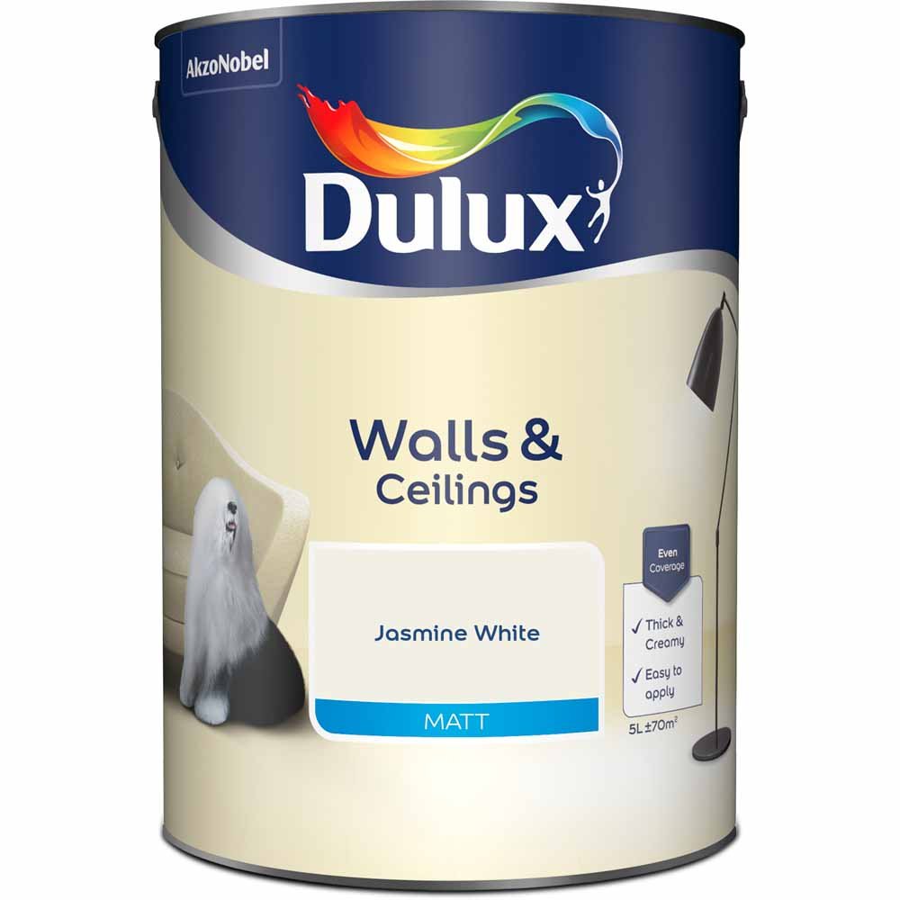 Dulux Walls & Ceilings Jasmine White Matt Emulsion Paint 5L Image 2