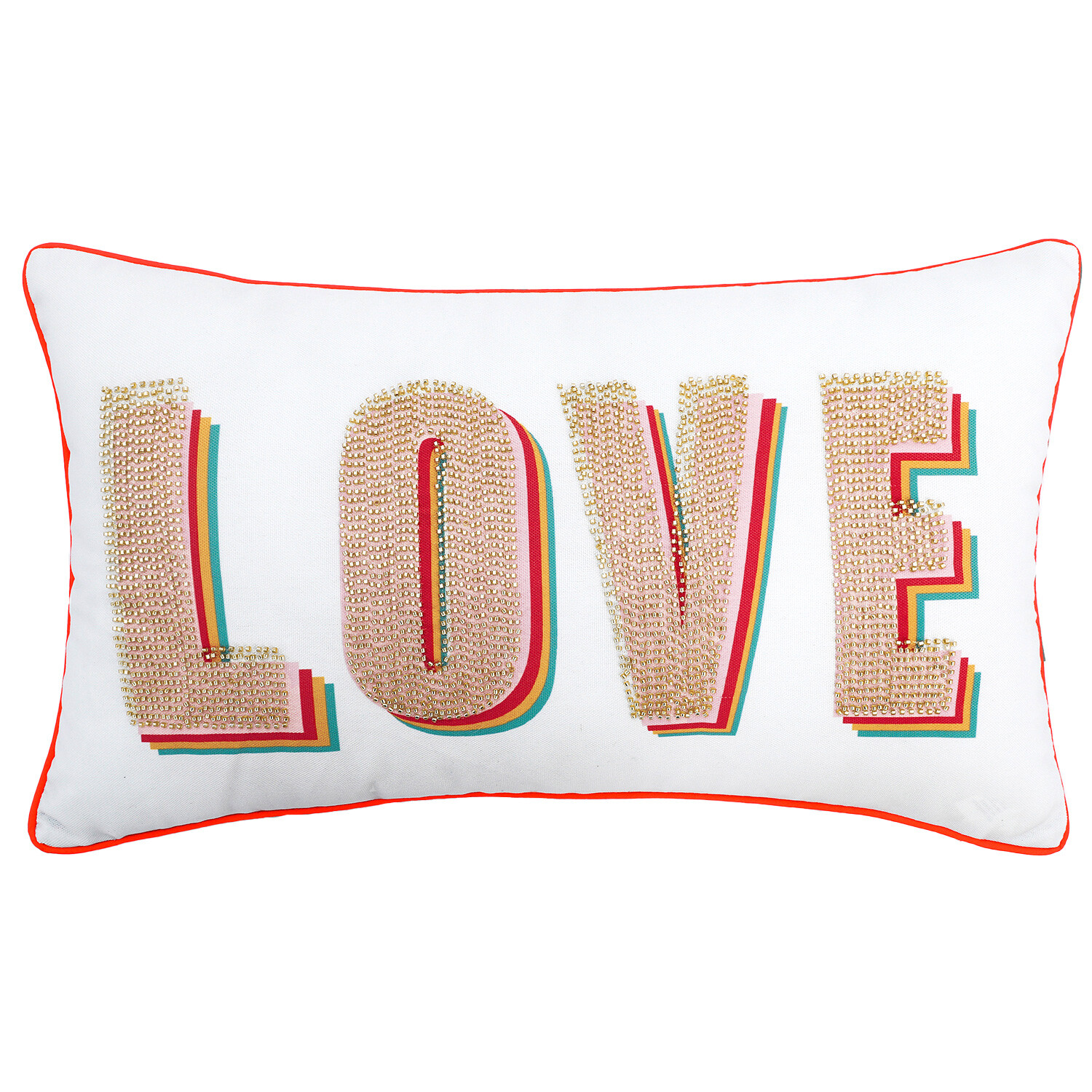 Love Gold Beaded Cushion - White Image 1