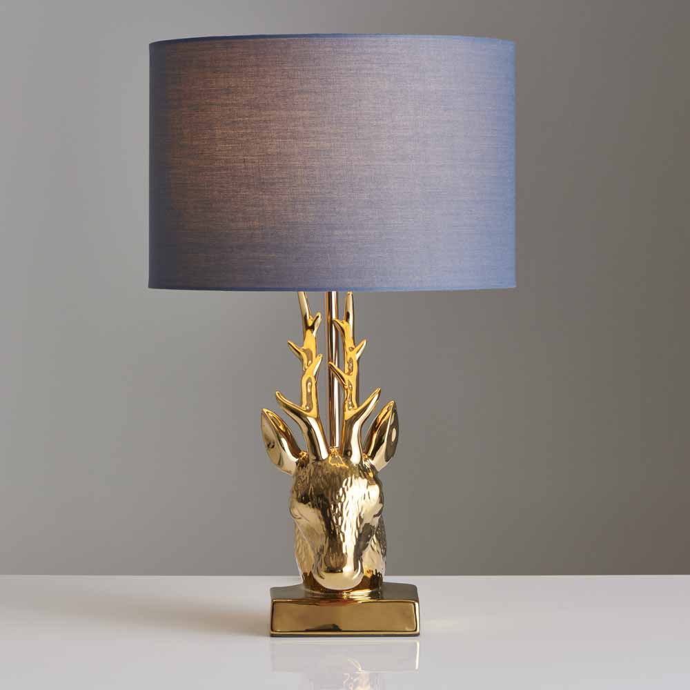 Wilko Brass and Navy Stag Head Table Lamp Image 2