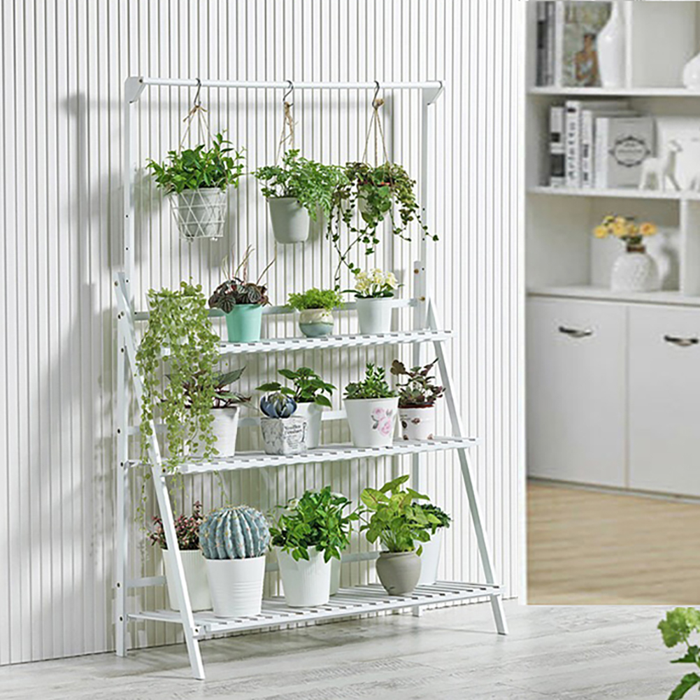 Living and Home 3 Shelf White Foldable Ladder Bookshelf with Hanging Rod Image 5