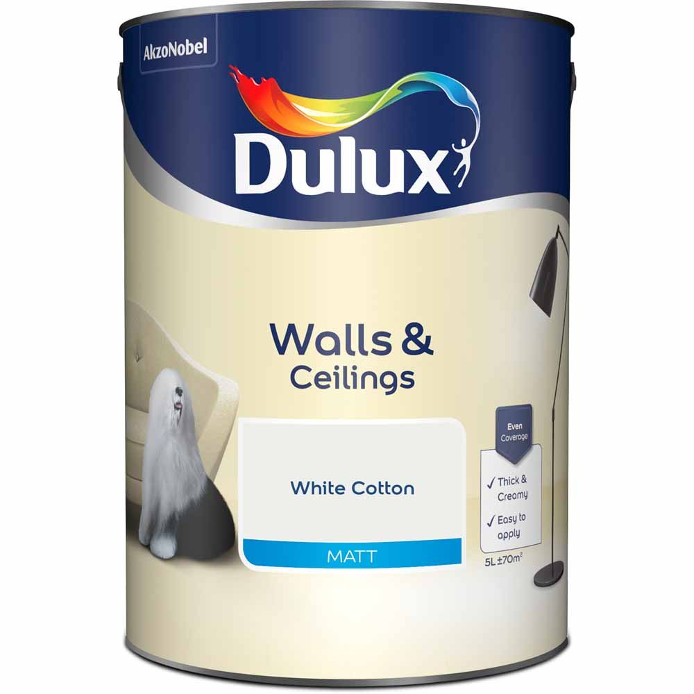 Dulux Wall & Ceilings White Cotton Matt Emulsion Paint 5L Image 2