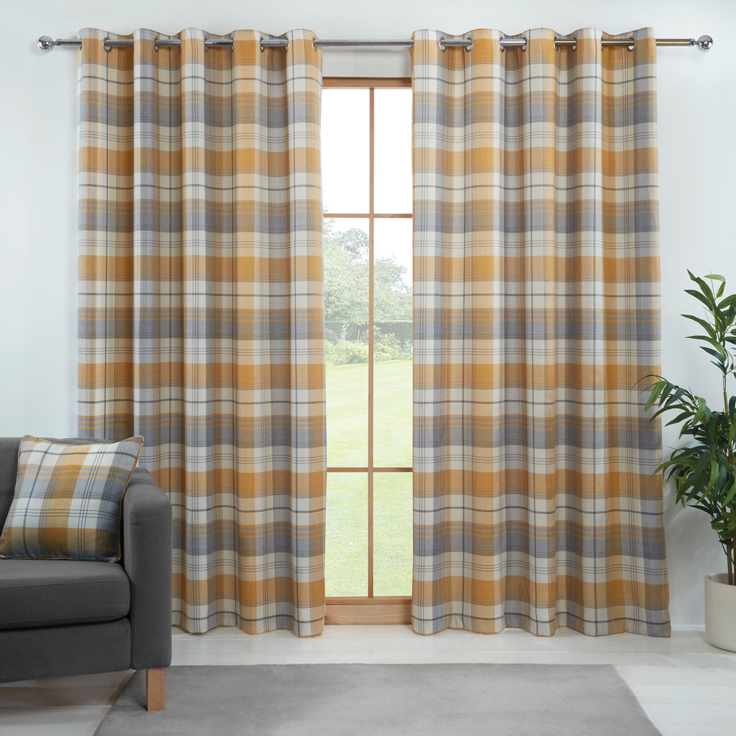 Divante Hamilton Ochre Check Eyelet Curtains 229cm Image 2