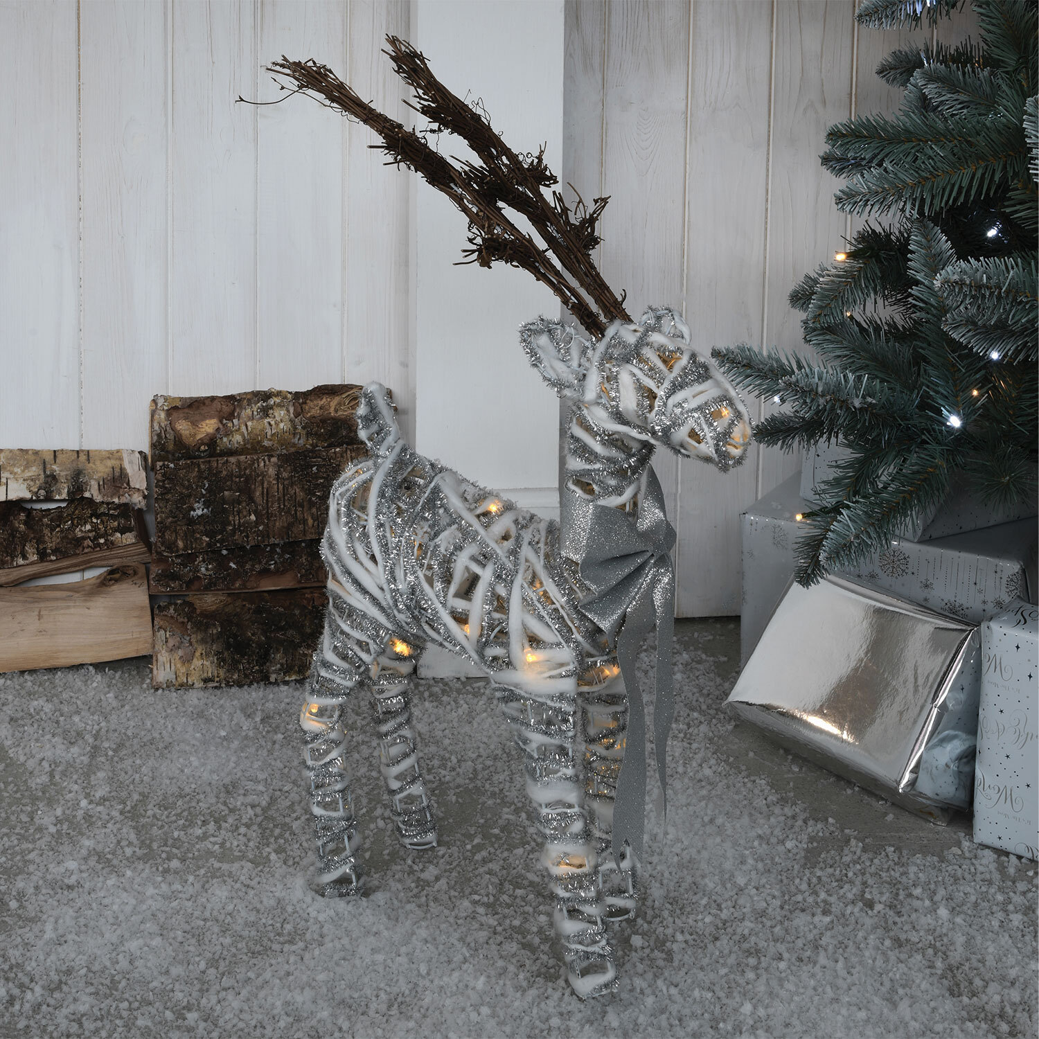Platinum Eternity Silver and White LED Cotton Reindeer Decoration Image 2