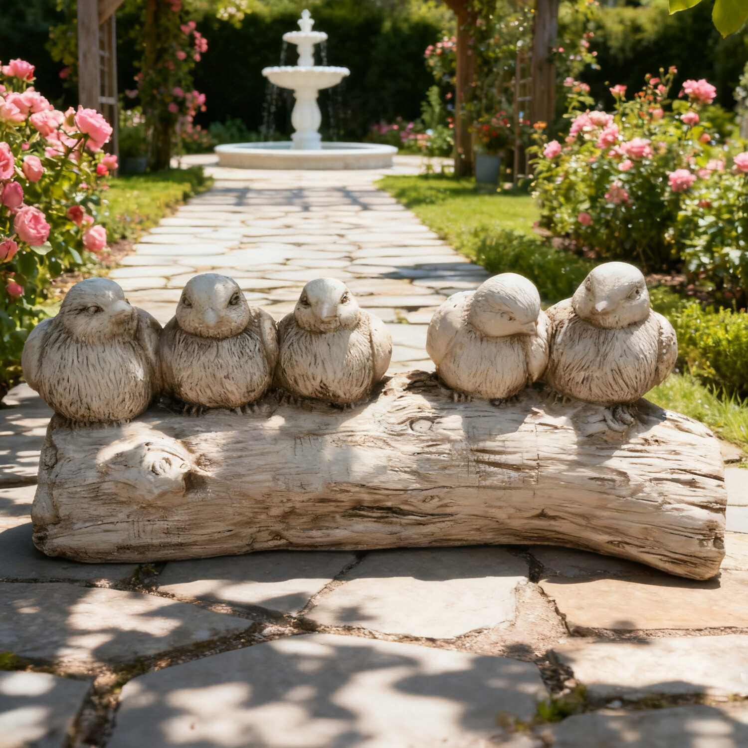 Five Birds on a Log Statue Off White Image 2