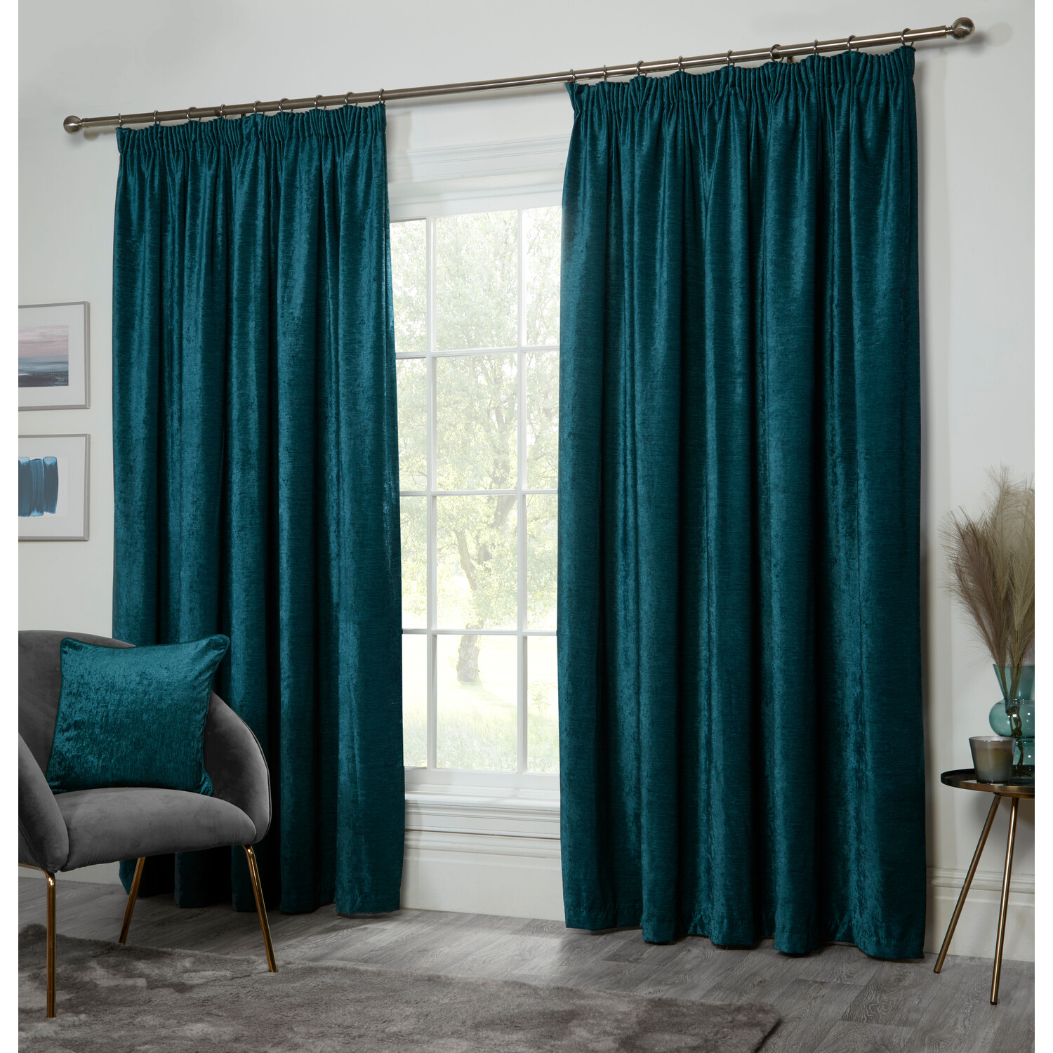 Divante Teal Chenille Taped Curtains 168 x 137cm Image 2