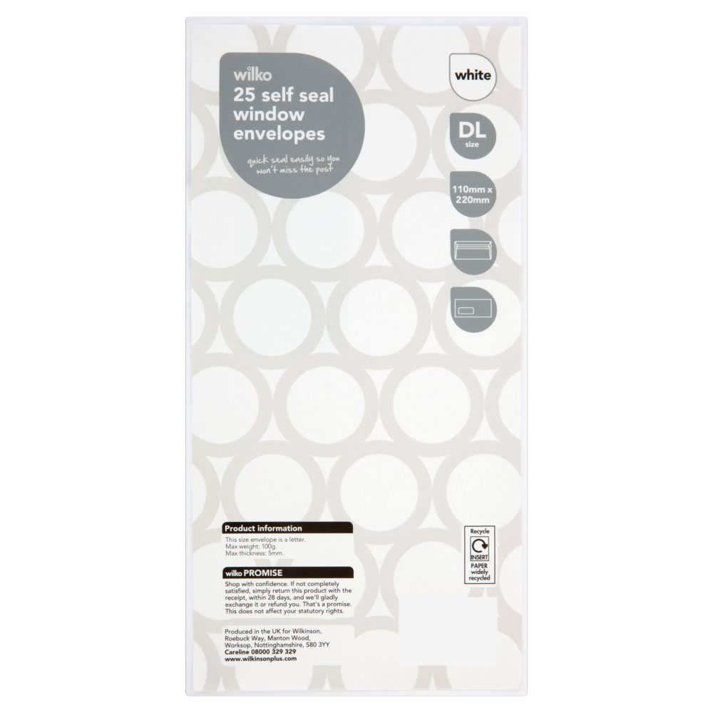 Wilko DL White Self Seal Window Envelopes  110 x 220mm 25 pack Image