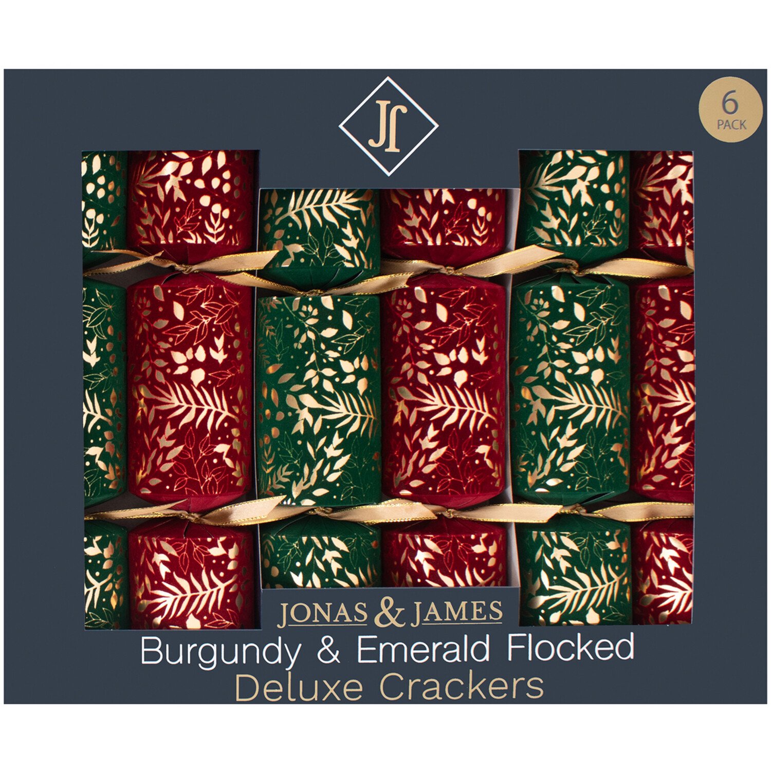 Pack of 6 Flocked Crackers Burgundy and Emerald Image 1