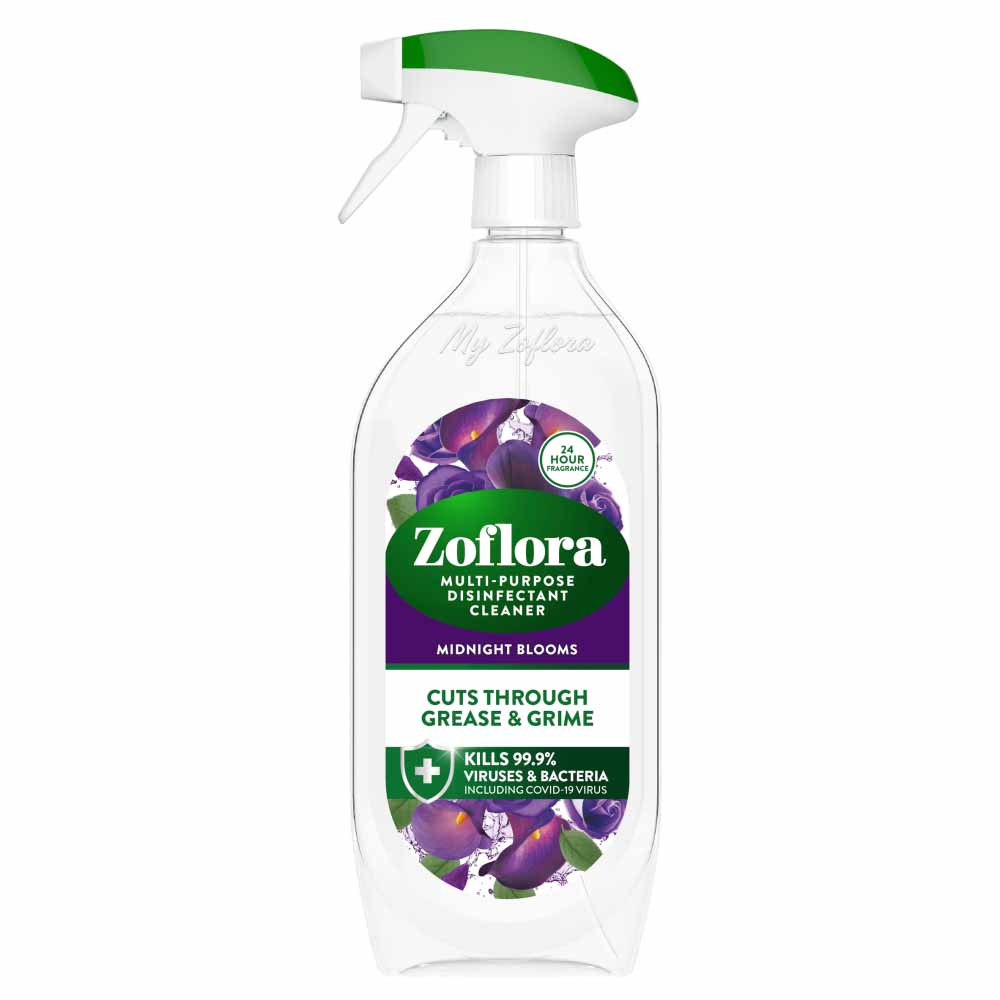 Zoflora Multi Purpose Disinfectant Spray Midnight Blooms 800ml  - wilko Keep your home fresh and clean without hurting your pets with Zoflora Multipurpose Disinfectant Cleaner Midnight Blooms. It is specially developed to be better tolerated by your pet's more delicate sense of smell. The fragrance comprises a mystical, seductive fragrance combining oriental rose and orange blossom with rich, dark amber. It eliminates odours and is effective against common household smells including, bins, pet odours, and provides 24-hour fragrance. The spray kills 99.9% of viruses and bacteria including, the Covid-19 virus. Other viruses included Coronaviruses, Human Herpesvirus, Influenza - Type A (H1N1) Bacteria: E.coli, MRSA and Salmonella. For effective disinfection, surfaces should be free from heavy soiling before use. It cuts through grease and grime to give you the ultimate clean surface. Allow Zoflora Multi-Purpose Disinfectant Cleaner to remain in contact with surfaces for 5 minutes to kill 99.9% of viruses and bacteria. Comes in an 800ml bottle with a hand pump.