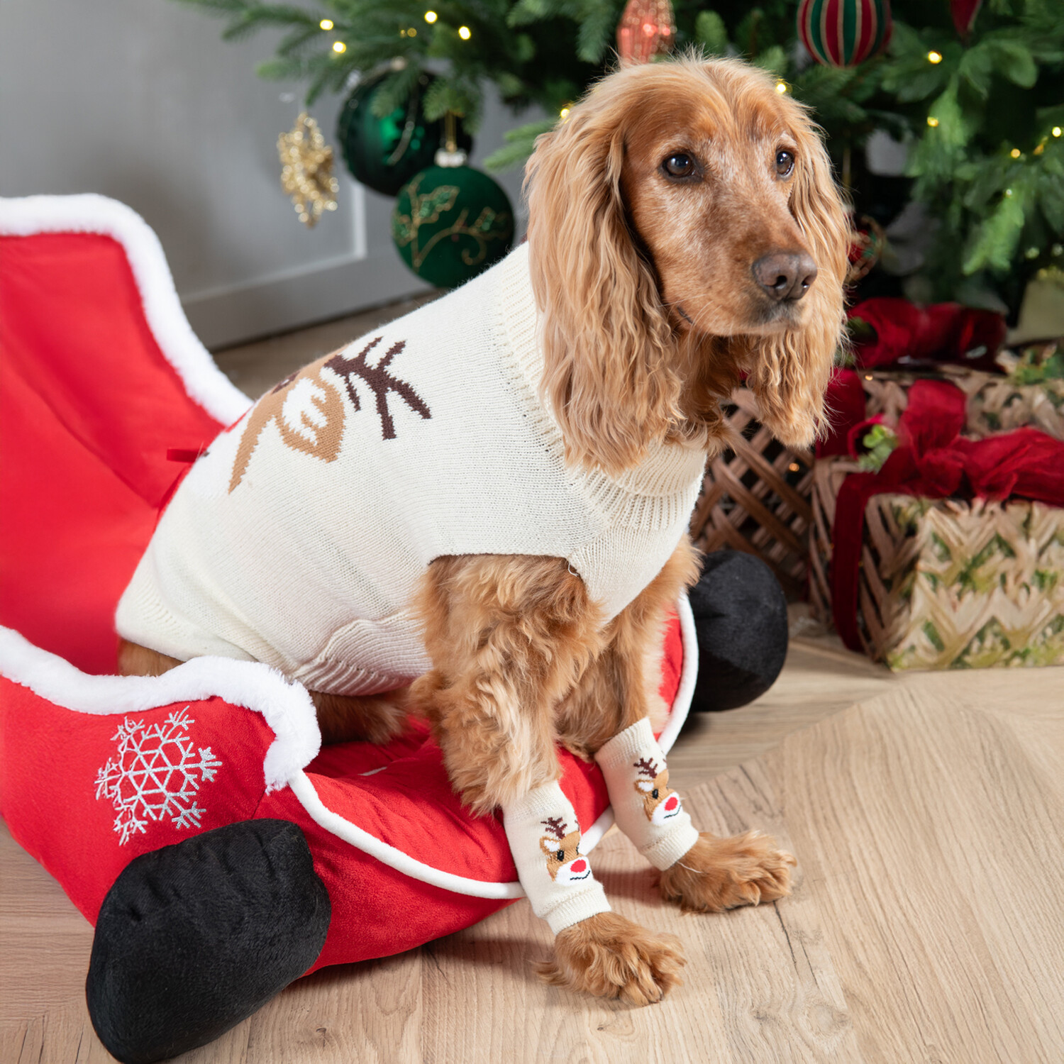 Reindeer Print Dog Jumper Cream M Image 3