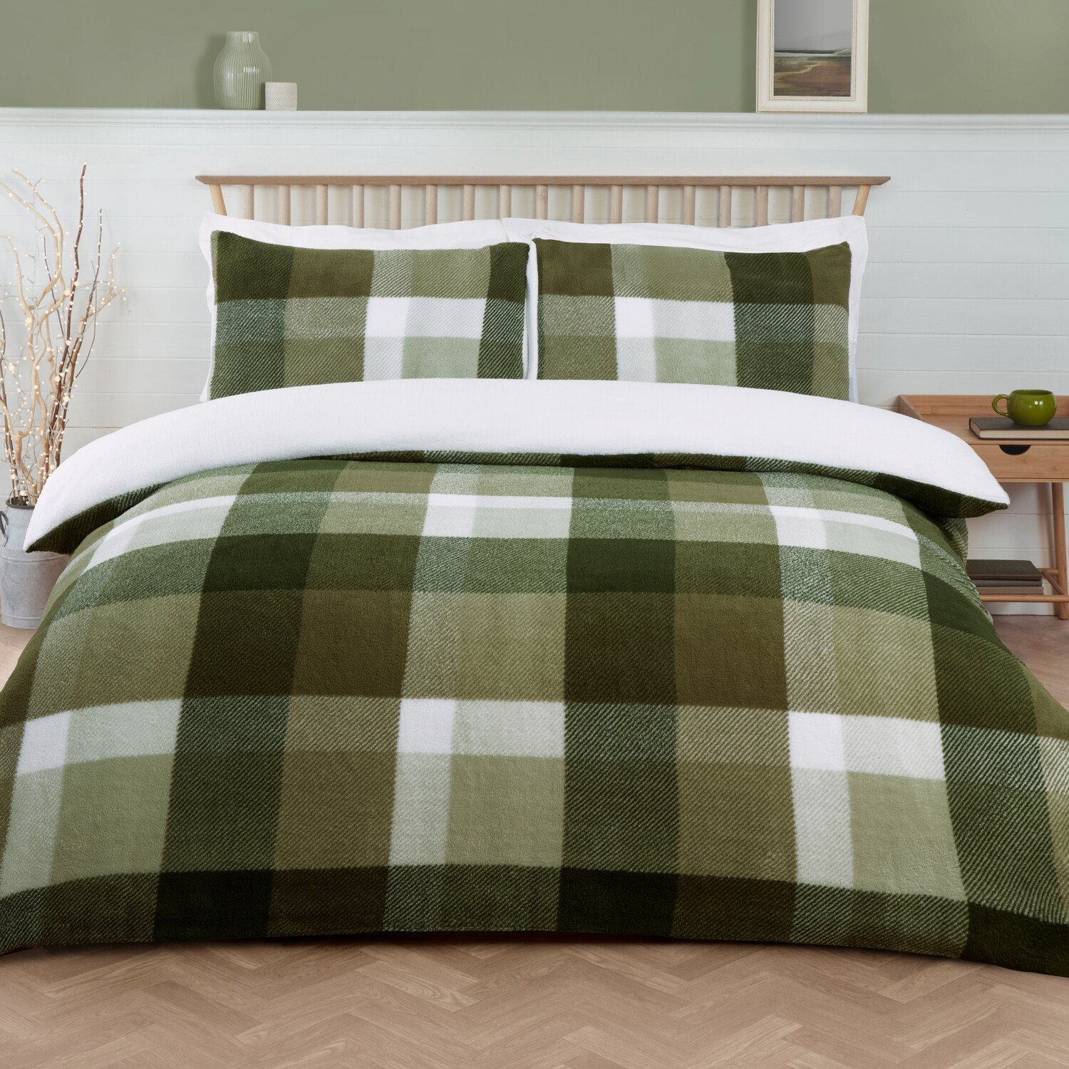 Teddy Fleece Check Duvet Set Green King Image 1