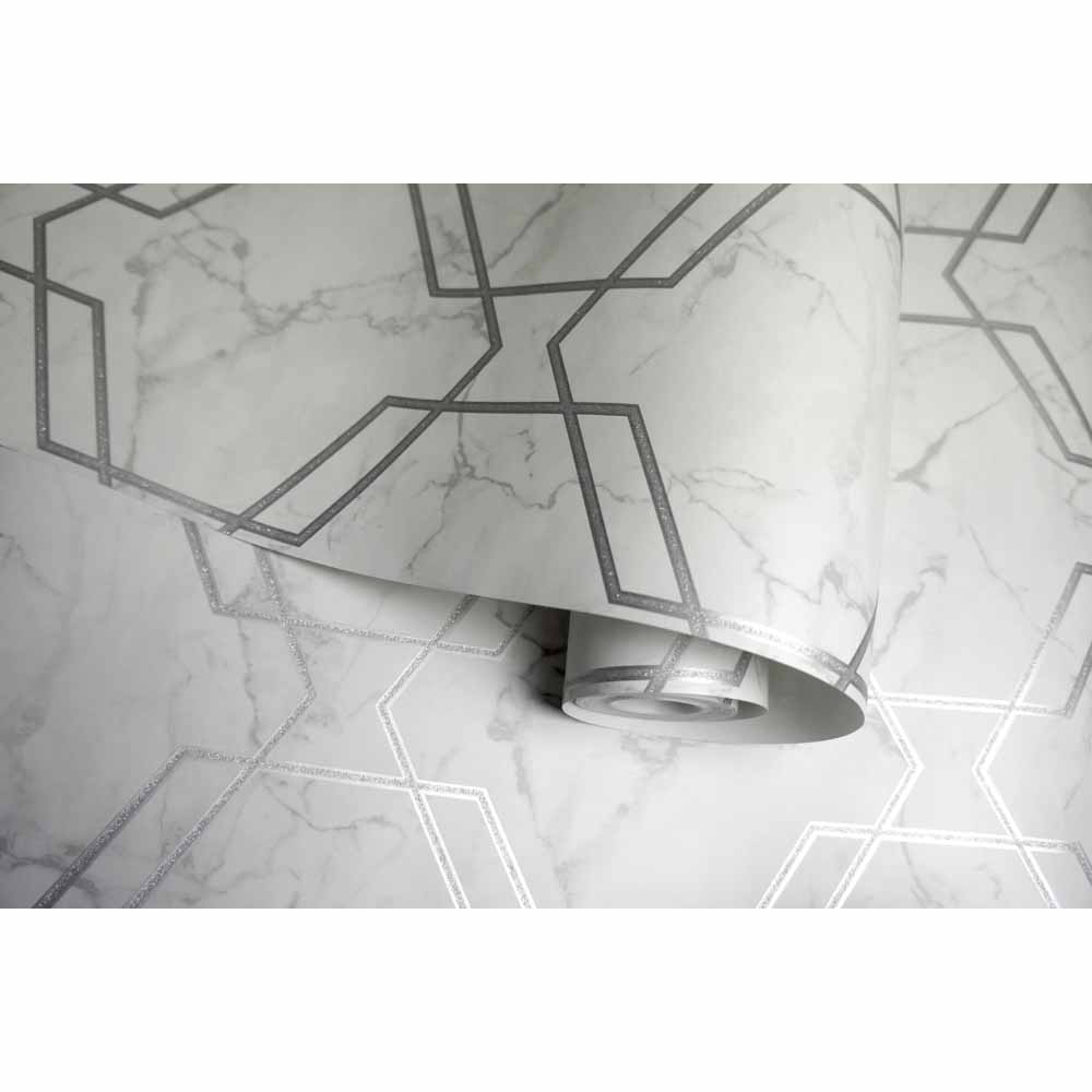 Holden Hexagon Geometric Marble Metallic Grey/ Silver Wallpaper Image 3