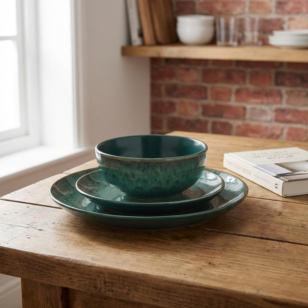12 Piece Bottle Green Stoneware Dinner Set - Bottle Green Image 4