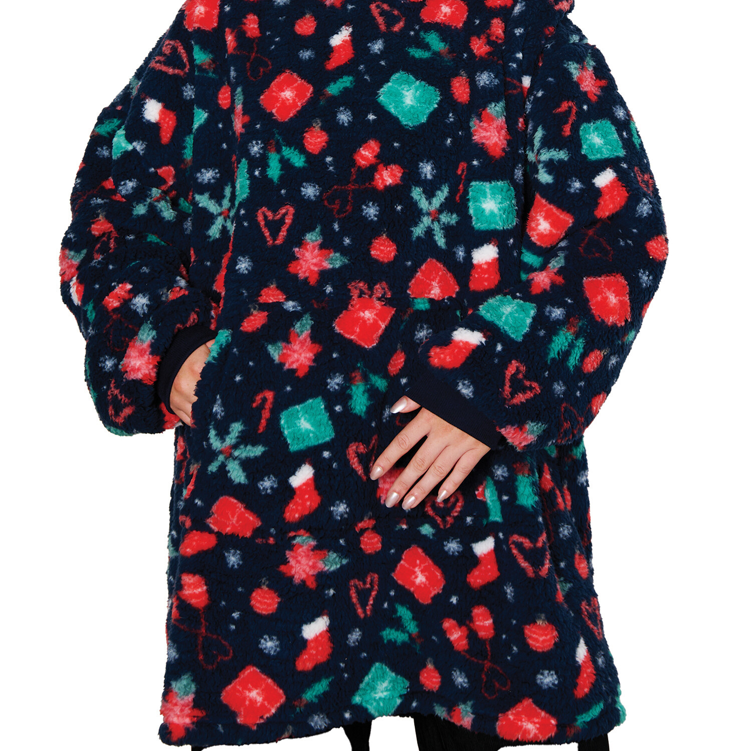 Festive Christmas Sherpa Hoodie Navy 78cm Image 3