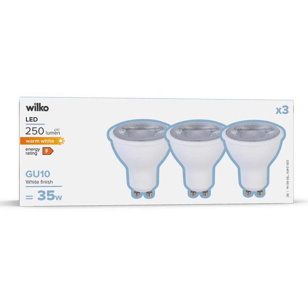 Wilko 3 pack GU10 LED 250 Lumens White Light Bulb Image 1