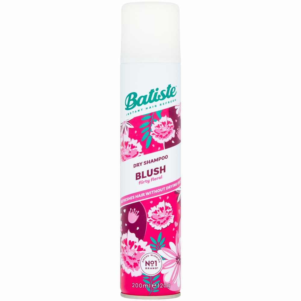 Batiste Floral and Flirty Blush Dry Shampoo 200ml  - wilko Batiste Dry Shampoo Blush is the floral, flirty way to turn heads. A few quick sprays instantly leaves hair feeling clean, fresh and full of body and texture. A quick burst  revitalises  hair, banishing oily roots to give dull, lifeless hair the makeover it needs without any water. WARNING; Extremely flammable. For external use only. Keep  out of reach of  children. Always read instructions. Batiste Floral and Flirty Blush Dry Shampoo 200ml