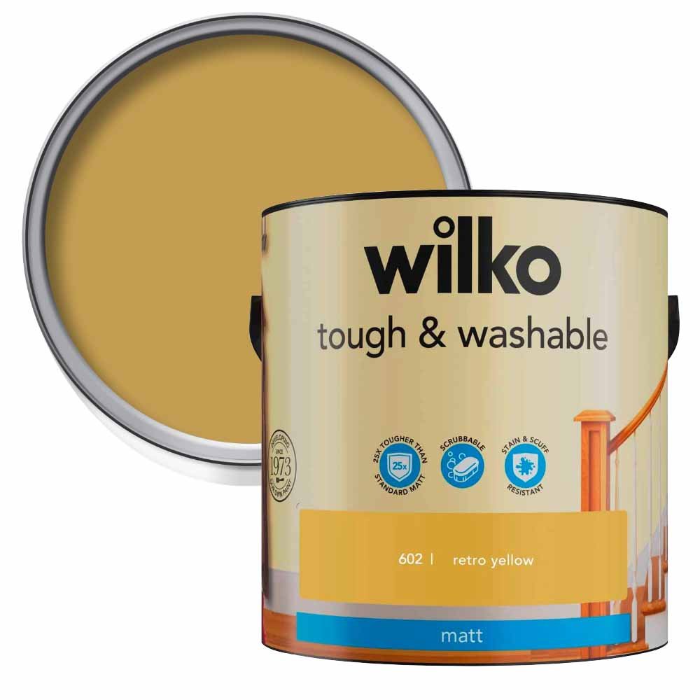 Wilko Tough & Washable Retro Yellow Matt Emulsion Paint 2.5L Image 1