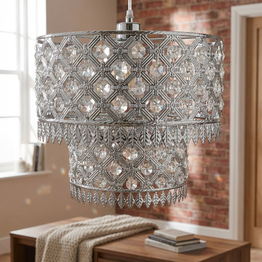 Silver Crystal Leaf Tip Tier Pendant Shade Image 3