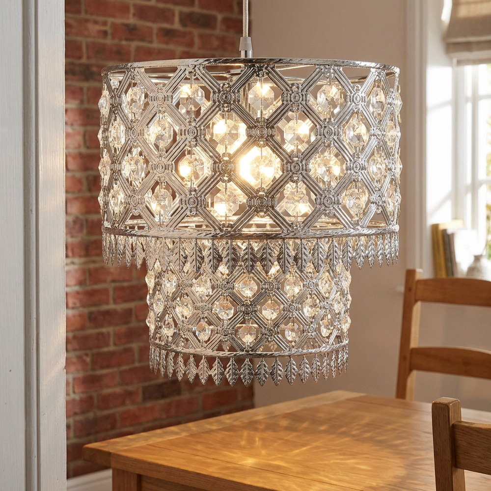 Silver Crystal Leaf Tip Tier Pendant Shade Image 2