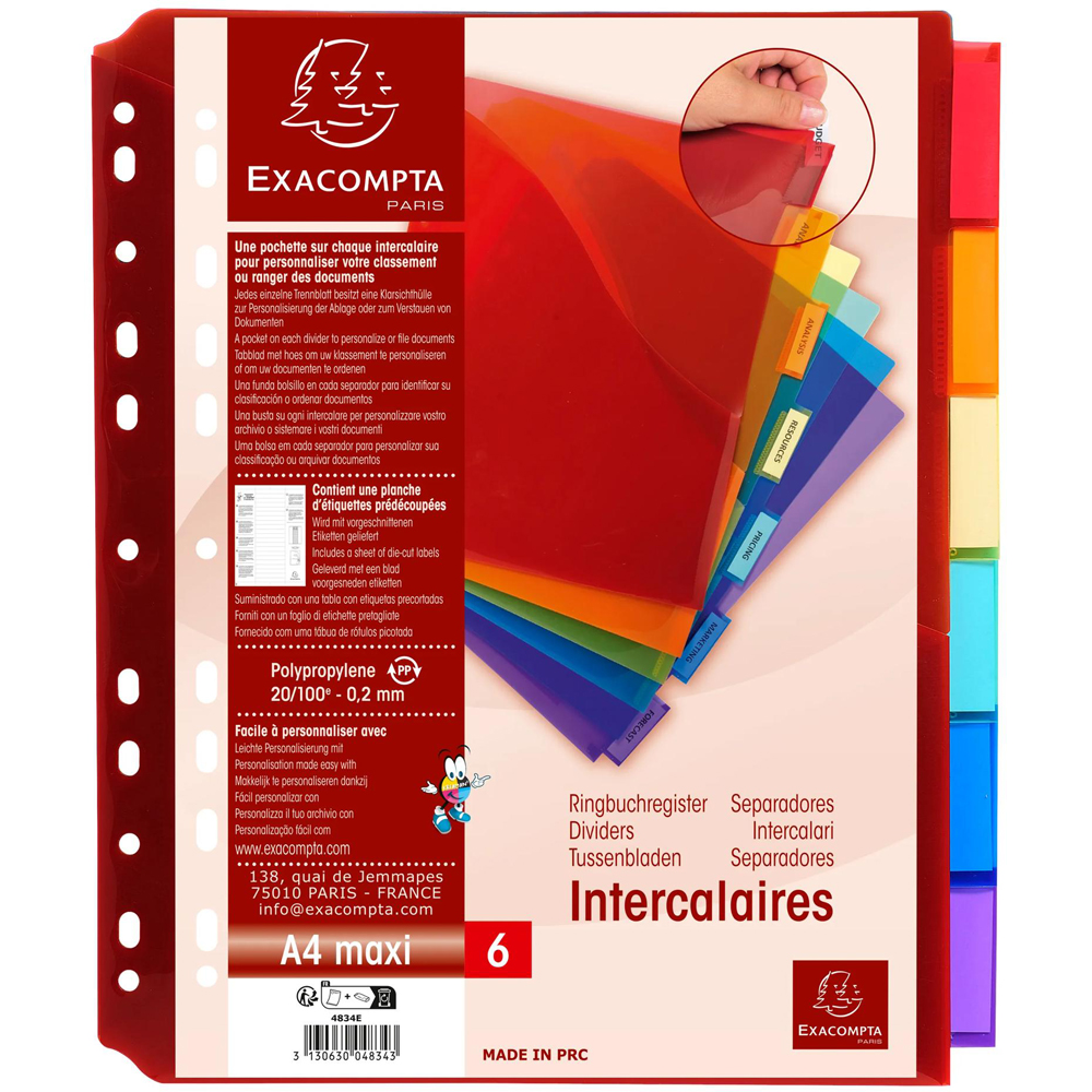 Exacompta A4 Maxi 6 Section Assorted Colour Polypropylene Divider 10 Pack Image 6