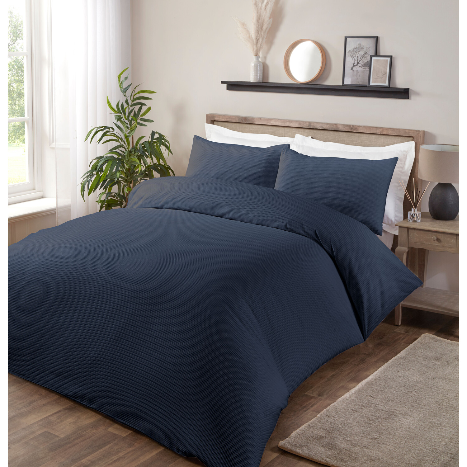 Belgravia Waffle Duvet Cover and Pillowcase Set - Navy / Double Image 2