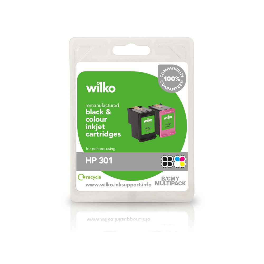 Wilko HP 301 Black and Colour Inkjet Cartridge Twin Pack Enjoy high quality prints with the wilko Remanufactured HP 301 Black and Colour Inkjet Cartridge Twin Pack. The pack contains 1 x black and 1 x colour cartridge which are compatible with Hewlett Packard 301.Here's the full list of printers that this cartridge will work with:Deskjet 1000 series, 1010, 1050/a series, 1512, 1514, 2050a series, 2050/s, 2054, 2510, 2512, 2514, 2540, 2542, 2543, 2544, 2547, 2548, 2549, 3000 series, 3050/a series, 3052a series, 3054a series. 3055a, 3057a, 3059a, Envy e-AIO 4500, 4502, 4503, 4504, 4507, 4508, 5530, 5532, 5534, Officejet 2620, 2622, 2624, Officejet e-AIO 4632, 4634, 4636. Before purchasing, check that this cartridge is compatible with your printer. Don?t forget to recycle your old inkjet cartridge! When you order a new wilko cartridge, we?ll send you a freepost envelope ? pop in your old cartridge and send it off to The Recycling Factory. They?ll make a donation of £1 to wilko?s local charities for every inkjet cartridge successfully recycled. Please see www.therecyclingfactory.com for a full list of recyclable items. If you need any support when installing your cartridge, we're here to help. Call our dedicated free phone helpline on 0800 091 0083, lines open Monday - Friday 9am-5pm. You can also visit the wilko Ink Support website www.wilko.inksupport.info for more information.