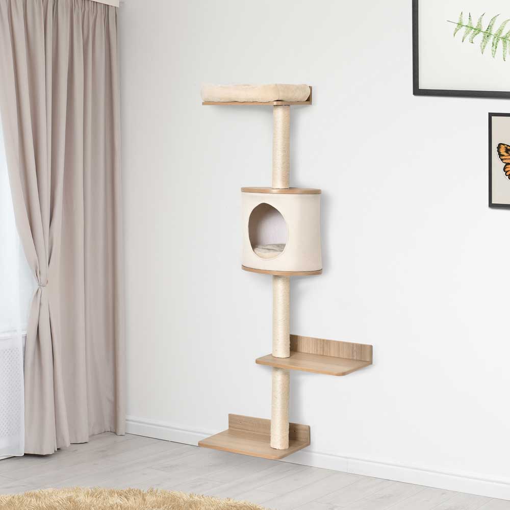 PawHut Wall-Mounted Cat Tree Shelter w/ Cat House, Bed, Scratching Post - Beige Image 4