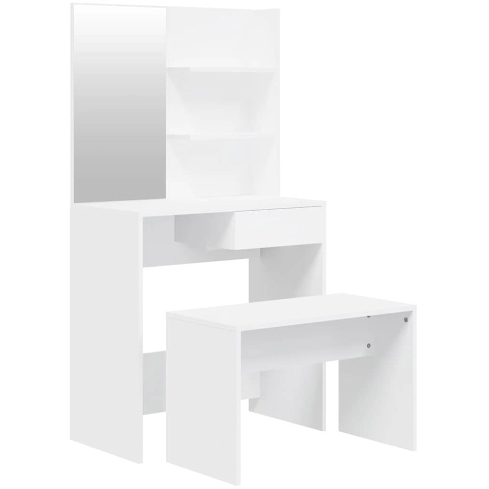 vidaXL Single Drawer 2 Shelf White Dressing Table and Stool Set with Mirror Image 2