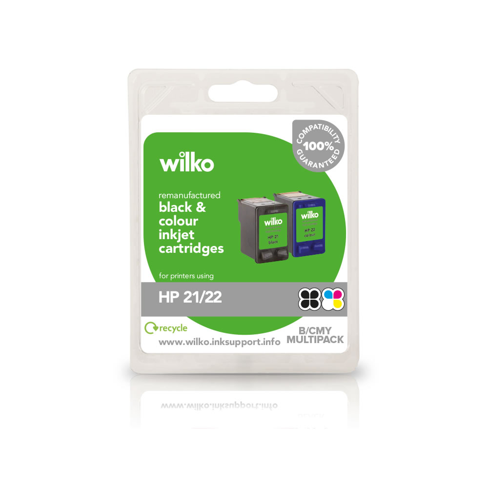 Wilko Remanufactured HP 21/22 Black and Colour Inkjet Cartridge Twin Pack Image 1