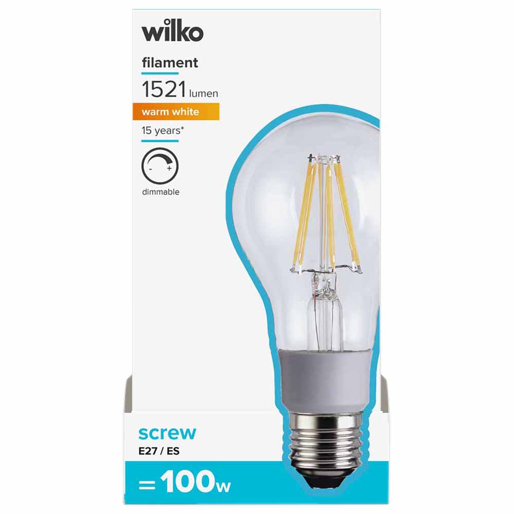 Wilko 1 pack Screw E27/ES 1521lm LED Filament Standard Bulb Dimmable Image 1