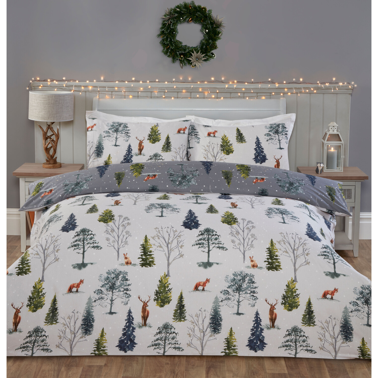 Snowy Forest Duvet Cover and Pillowcase Set - Grey / Double Image 2