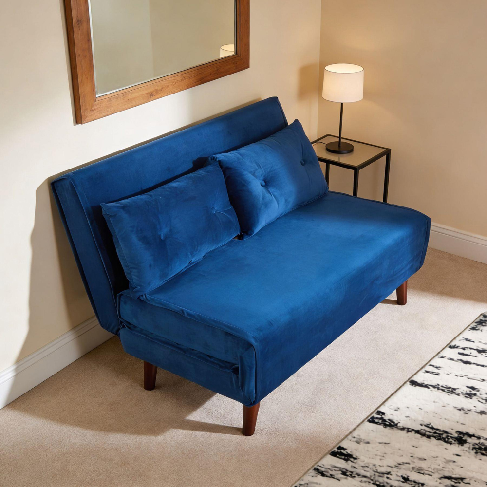 Home Source Morella 2 Seater Blue Velvet Folding Sofa Bed with Pillow Image 4