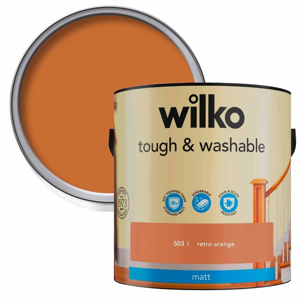 Wilko Tough & Washable Retro Orange Matt Emulsion Paint 2.5L Image 1