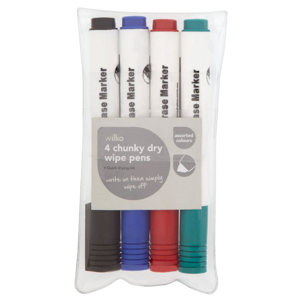 Wilko Chunky Dry Wipe Pens Assorted Colour 4 Pack Image