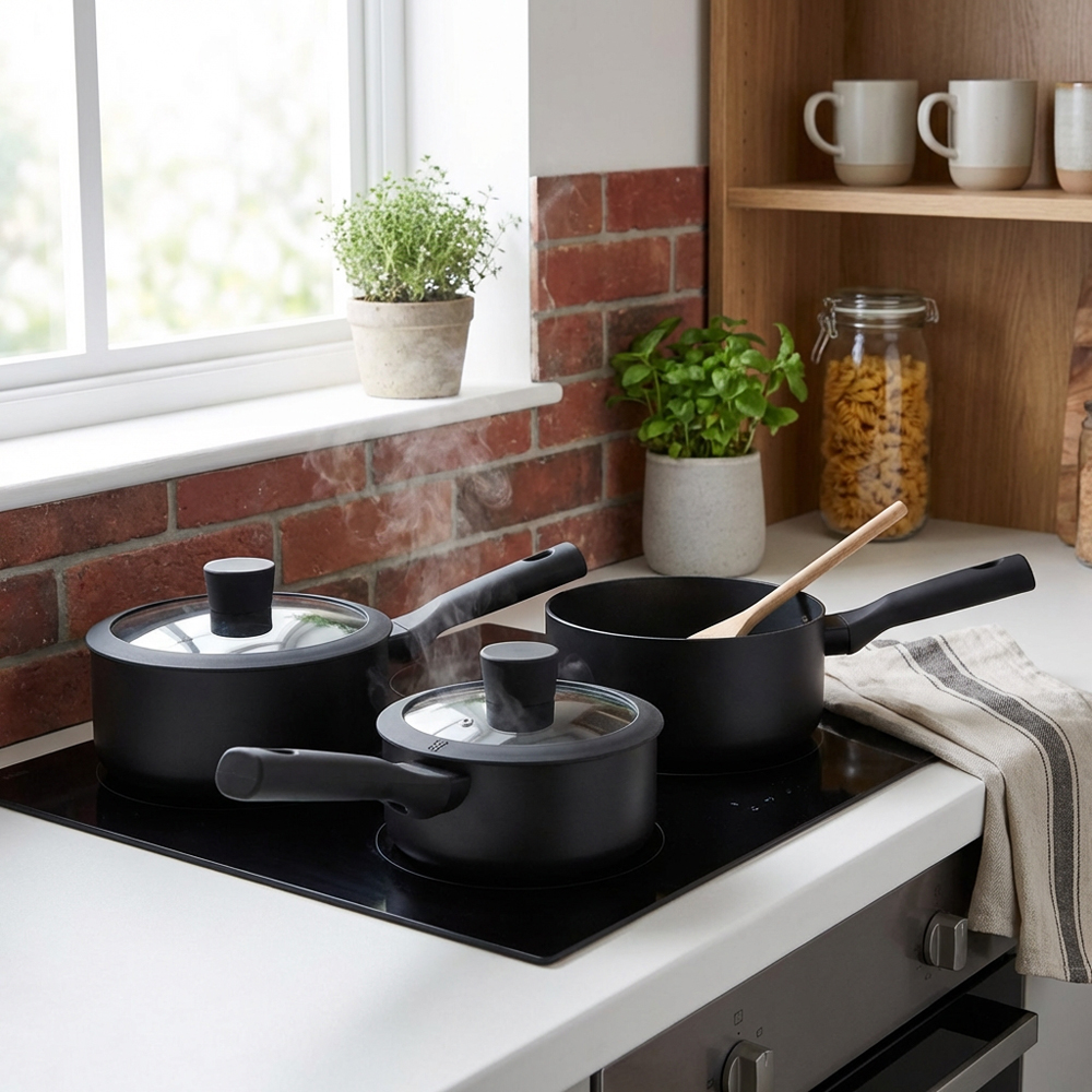 Soft Touch Non-Stick Saucepan Set - Black Image 6