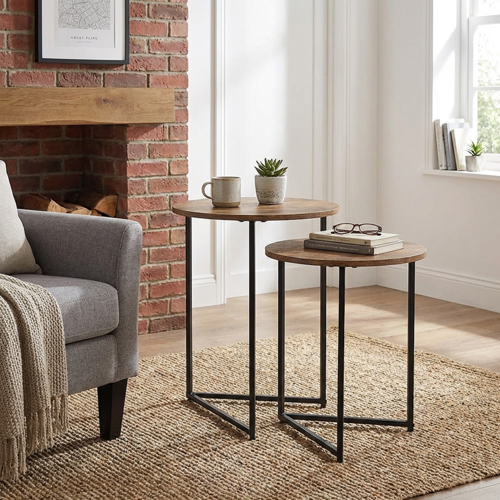 Black and Oak Industrial Nest of Tables Set of 2 Image 2